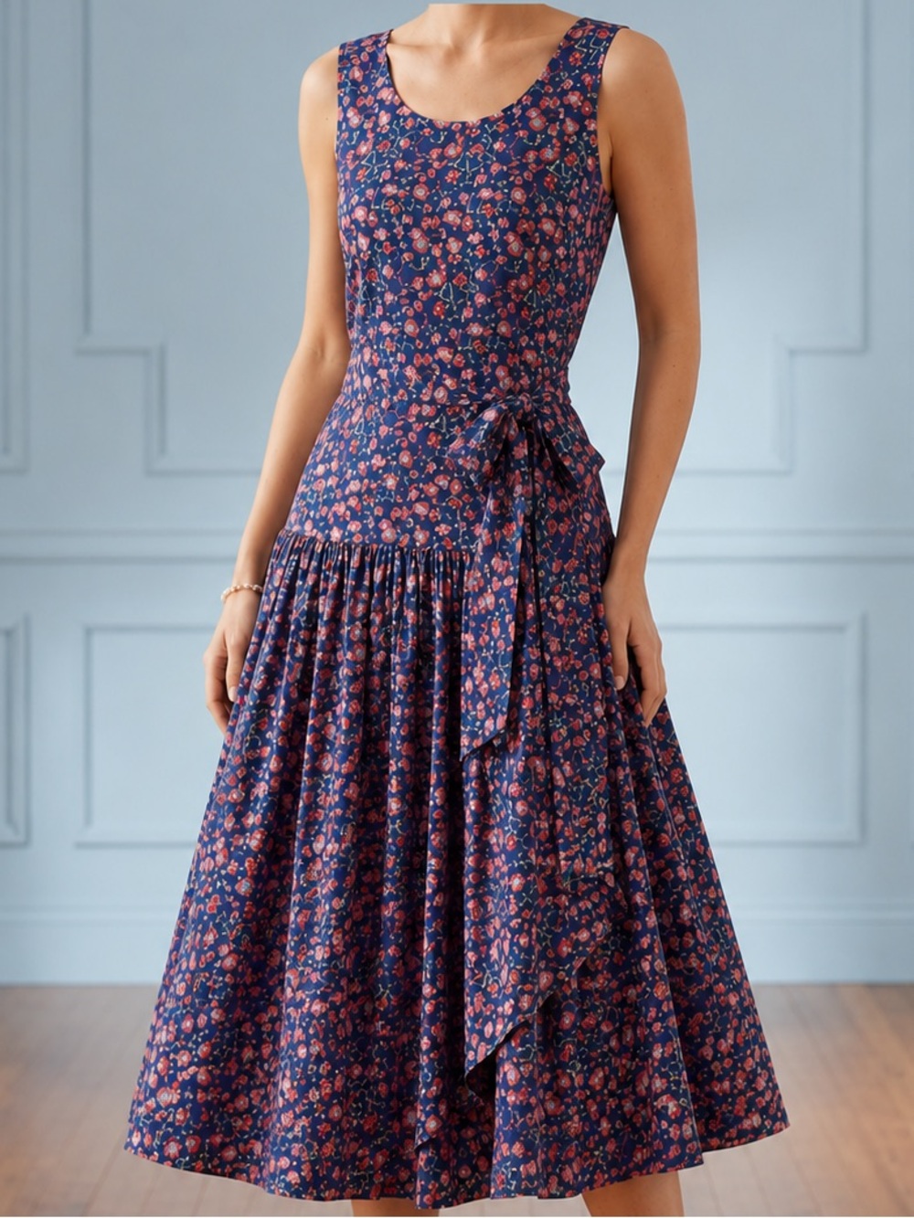 Floral Tie-Waist dropped waist Midi Dress like Laura Ashley M cotton vintage